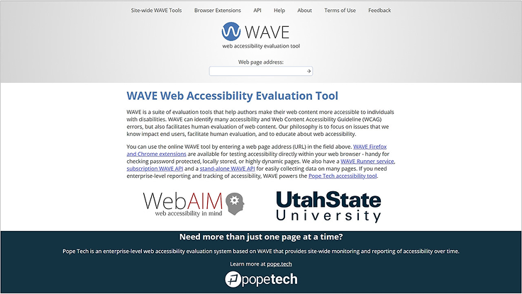 'WAVE Web Accessibility Evaluation Tool'의 공식 웹사이트 홈페이지. 'Web page address'를 입력하는 주소창과 도구에 대한 간략한 설명이 보입니다.