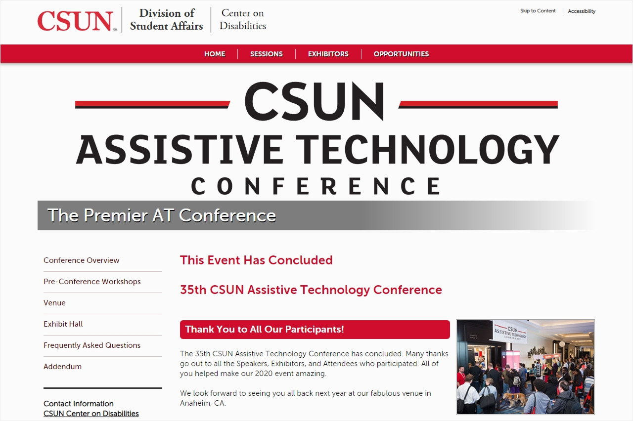 'CSUN ASSISTIVE TECHNOLOGY CONFERENCE'의 공식 웹사이트 홈페이지 스크린샷. 'The Premier AT Conference'라는 부제와 함께 'This Event Has Concluded' (이 행사는 종료되었습니다)라는 공지사항이 표시되어 있습니다.