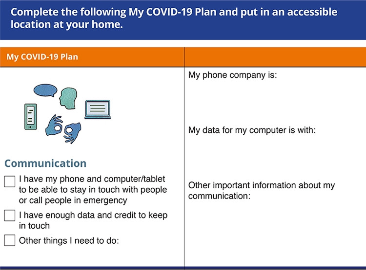 'My COVID-19 Plan'이라는 제목의 맞춤형 비상 행동 계획 도구 문서의 일부. 'Communication(의사소통)' 섹션이 보이며, '비상시 통화할 수 있는 전화/컴퓨터가 있습니다'와 같은 확인란(체크박스)과 '내 통신사는...'과 같이 개인 정보를 기입하는 칸으로 구성되어 있습니다.