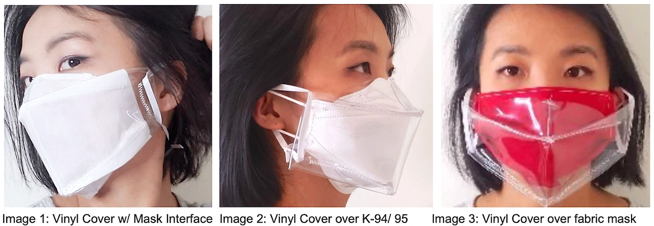 '오픈 스타일 랩'이 디자인한 접근성을 고려한 마스크 3가지 예시. 왼쪽부터 '마스크 인터페이스가 있는 비닐 커버', 'K-94/95 마스크 위에 쓴 비닐 커버', '천 마스크 위에 쓴 비닐 커버'를 착용한 모습을 보여줍니다. 세 디자인 모두 입 모양을 볼 수 있도록 투명한 비닐 소재를 사용했습니다.
