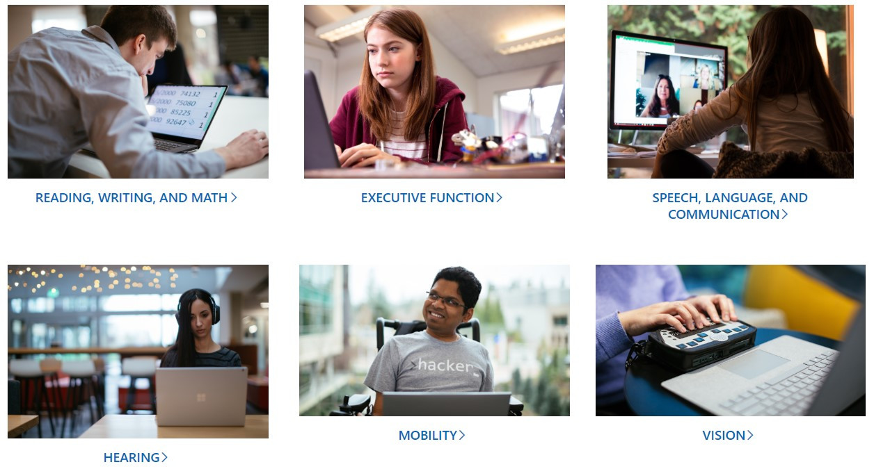 '접근 가능한 기술을 통해 장애 학생들이 학습하는 다양한 모습'이라는 제목의 6개 이미지 그리드. 각 이미지는 '읽기, 쓰기, 수학', '청각', '이동성', '비전' 등 특정 영역을 라벨로 표시하며, 학생들이 노트북, 화상 통화, 보조기기 등을 사용하는 모습을 보여줍니다.