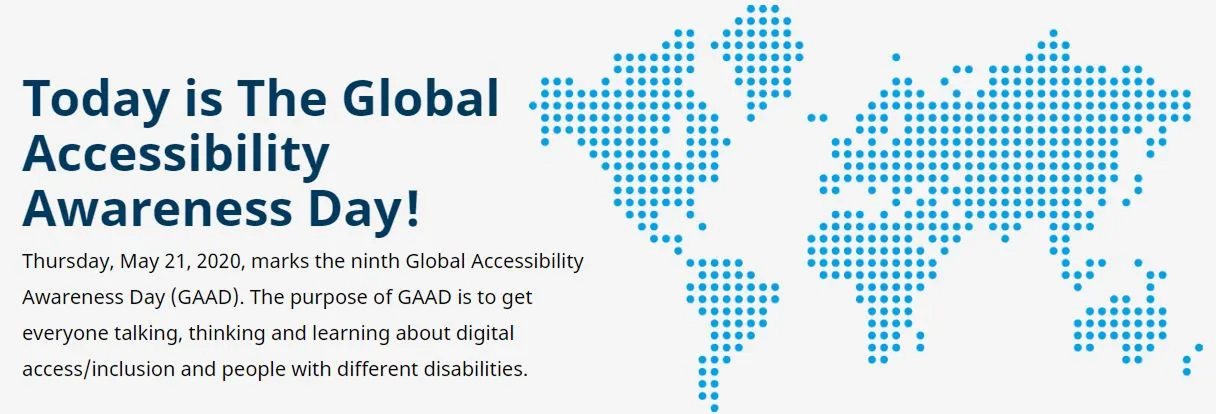 2020년 '글로벌 접근성 인식의 날(GAAD)' 공식 배너. 점으로 표현된 세계 지도 그래픽과 함께 