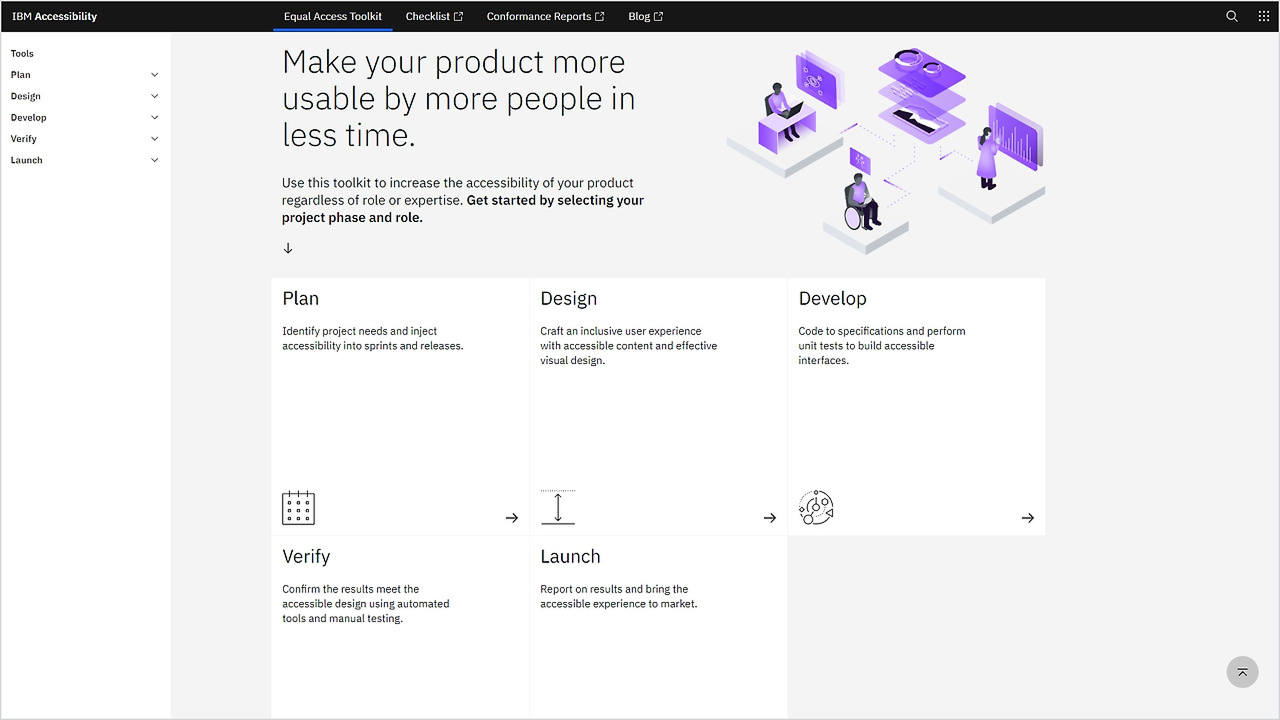 IBM의 'Equal Access Toolkit'(접근성 지원 툴킷) 웹사이트 스크린샷. 