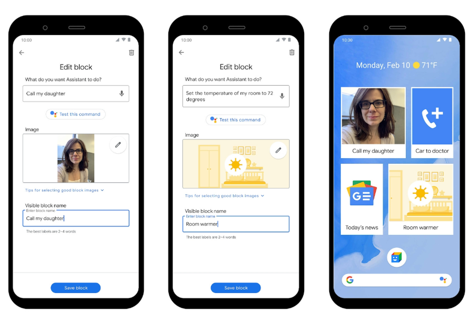 안드로이드의 'Action Blocks' 설정 예시. 3개의 스마트폰 화면이 'Edit block'에서 'Call my daughter'와 'Room warmer' 명령을 설정하는 과정과, 이 명령들이 홈 화면에 큰 아이콘 버튼으로 생성된 최종 모습을 보여줍니다.