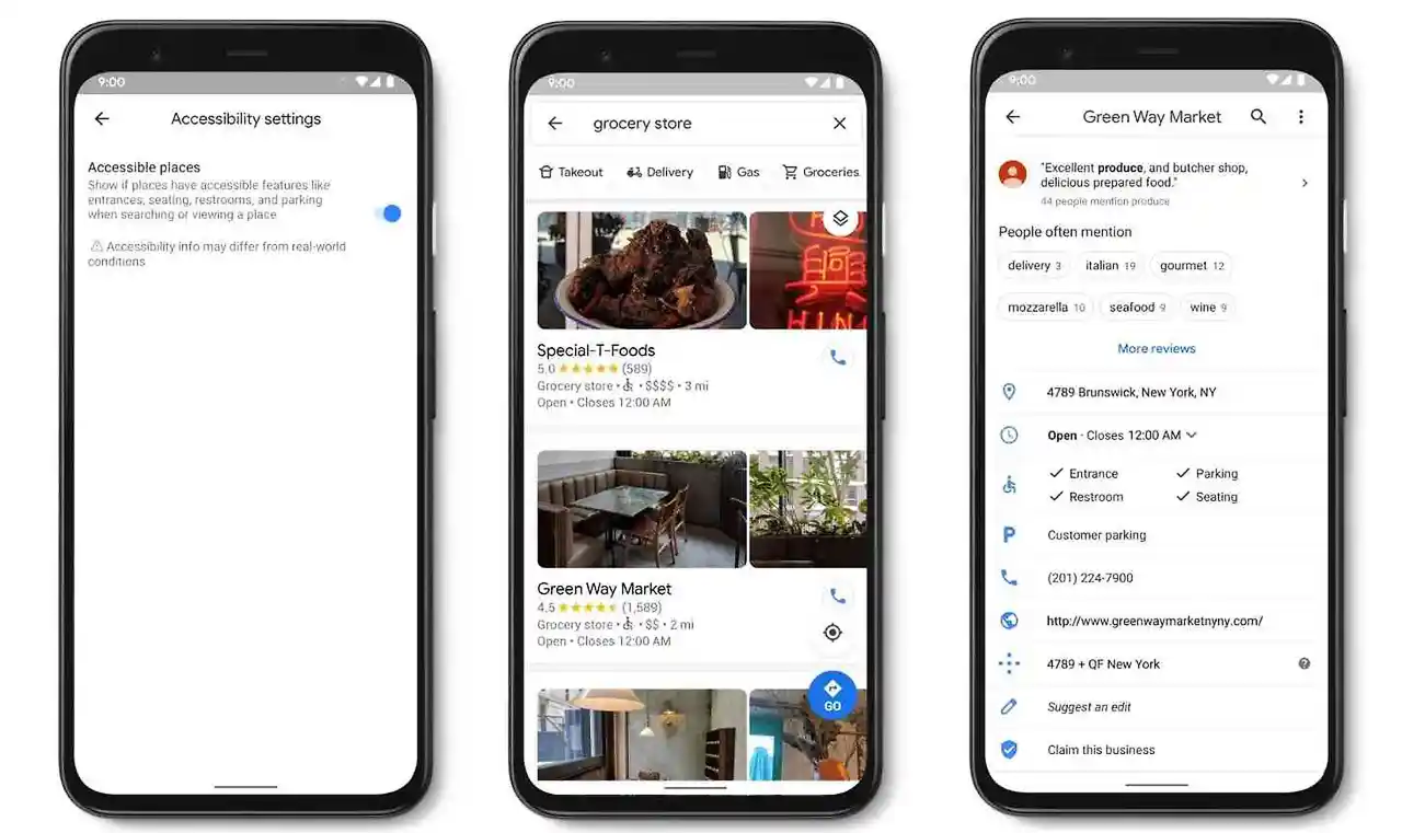 구글 맵의 'Accessible Places' 기능 설정 및 활동 예시. 3개의 스마트폰 화면이 '설정'에서 'Accessible Places' 기능을 켜는 모습과, 'Green Way Market'이라는 장소의 상세 정보에 '휠체어 이용 가능 입구', '주차장' 등 접근성 정보가 아이콘과 함께 표시되는 것을 보여줍니다.