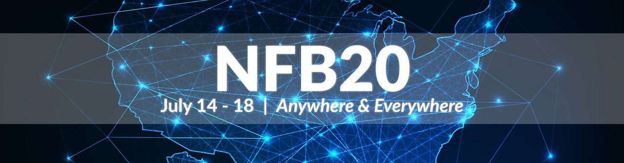 2020년 전미 시각장애인 연합(NFB) 온라인 컨벤션의 공식 배너. 미국 지도 위에 디지털 네트워크 그래픽이 펼쳐져 있고, 'NFB20', 'July 14-18 | Anywhere & Everywhere'라는 문구가 쓰여 있습니다.