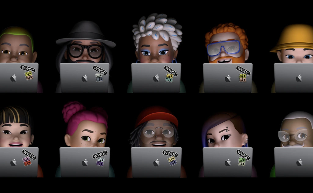 애플(Apple)의 연례 개발자 회의(WWDC)를 상징하는 이미지. 다양한 인종과 스타일을 가진 10개의 미모지(Memoji) 캐릭터가 'WWDC 20' 스티커가 붙은 노트북을 사용하고 있는 모습이 위아래 2줄로 배열되어 있습니다.