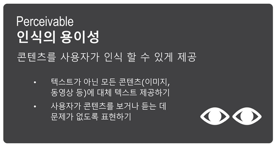 '인식의 용이성(Perceivable)': 콘텐츠를 사용자가 인식할 수 있게 제공 (예: 대체 텍스트 제공).