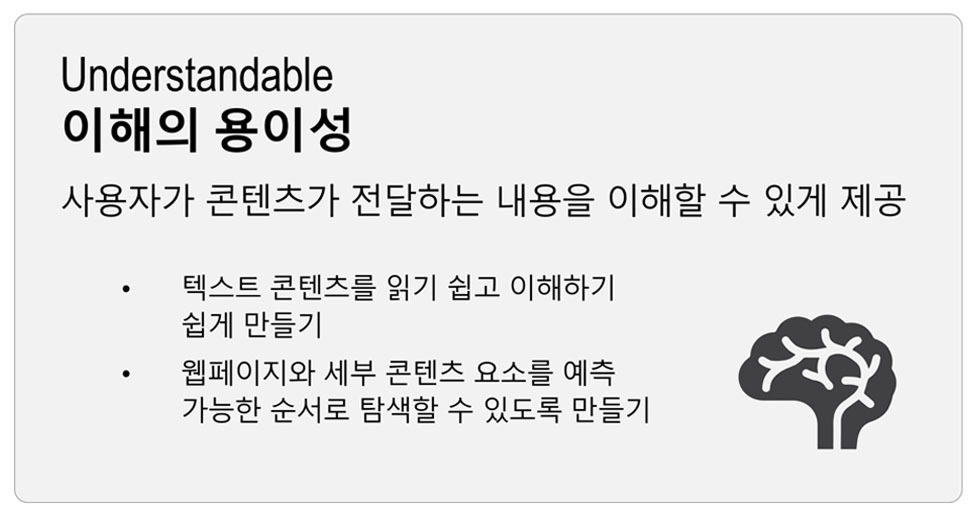 '이해의 용이성(Understandable)': 사용자가 콘텐츠가 전달하는 내용을 이해할 수 있게 제공 (예: 읽기 쉽고 예측 가능한 순서).
